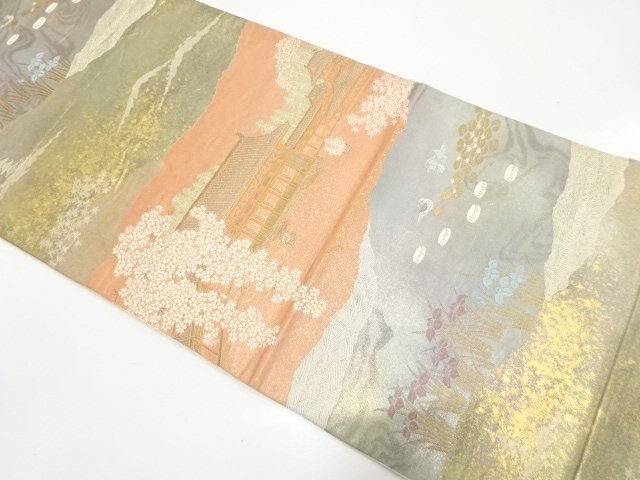 服部織物製　こはく錦　京名所平安神宮の庭模様織り出し　袋帯